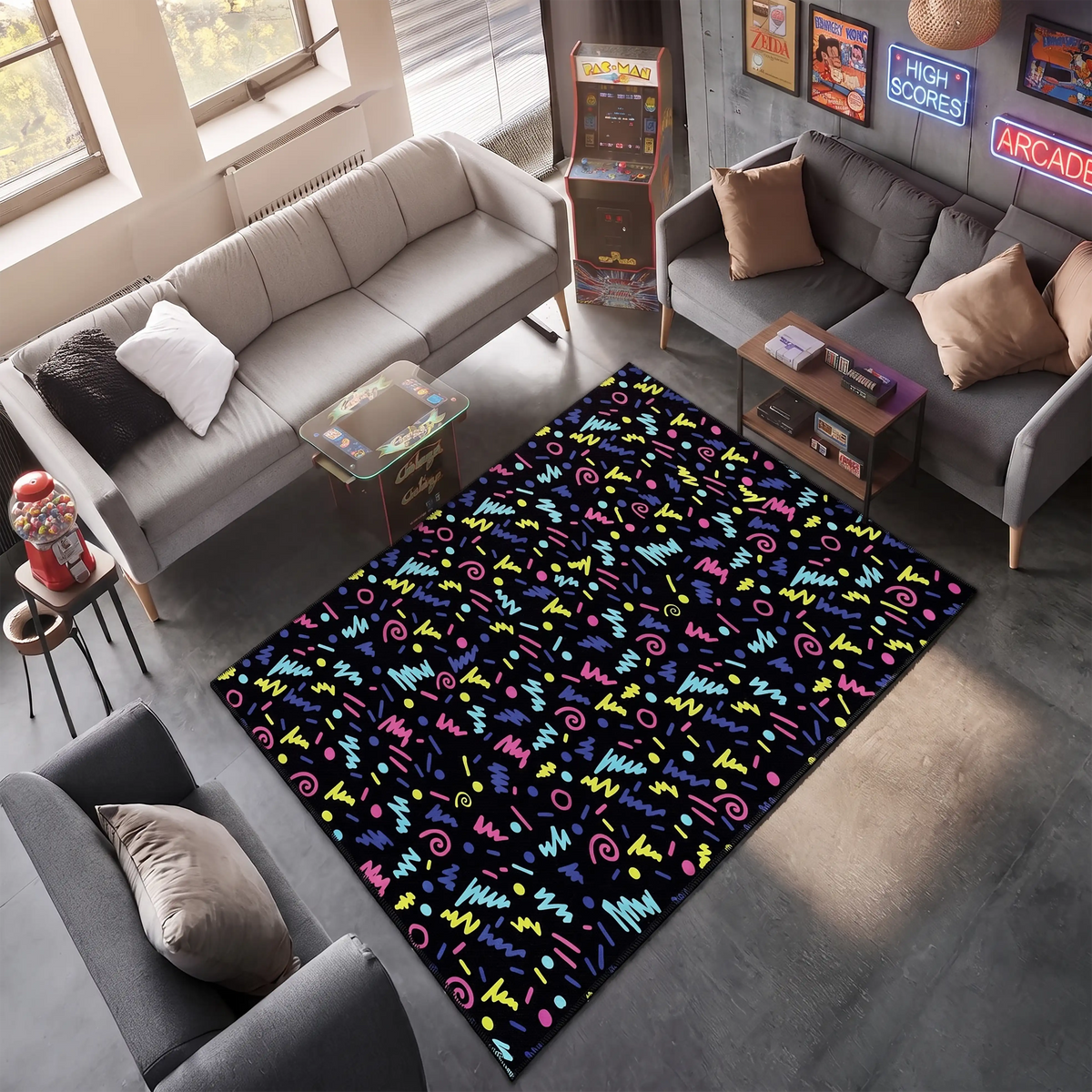 80s-pop-art-area-rug-colorful-doodle-black-gaming