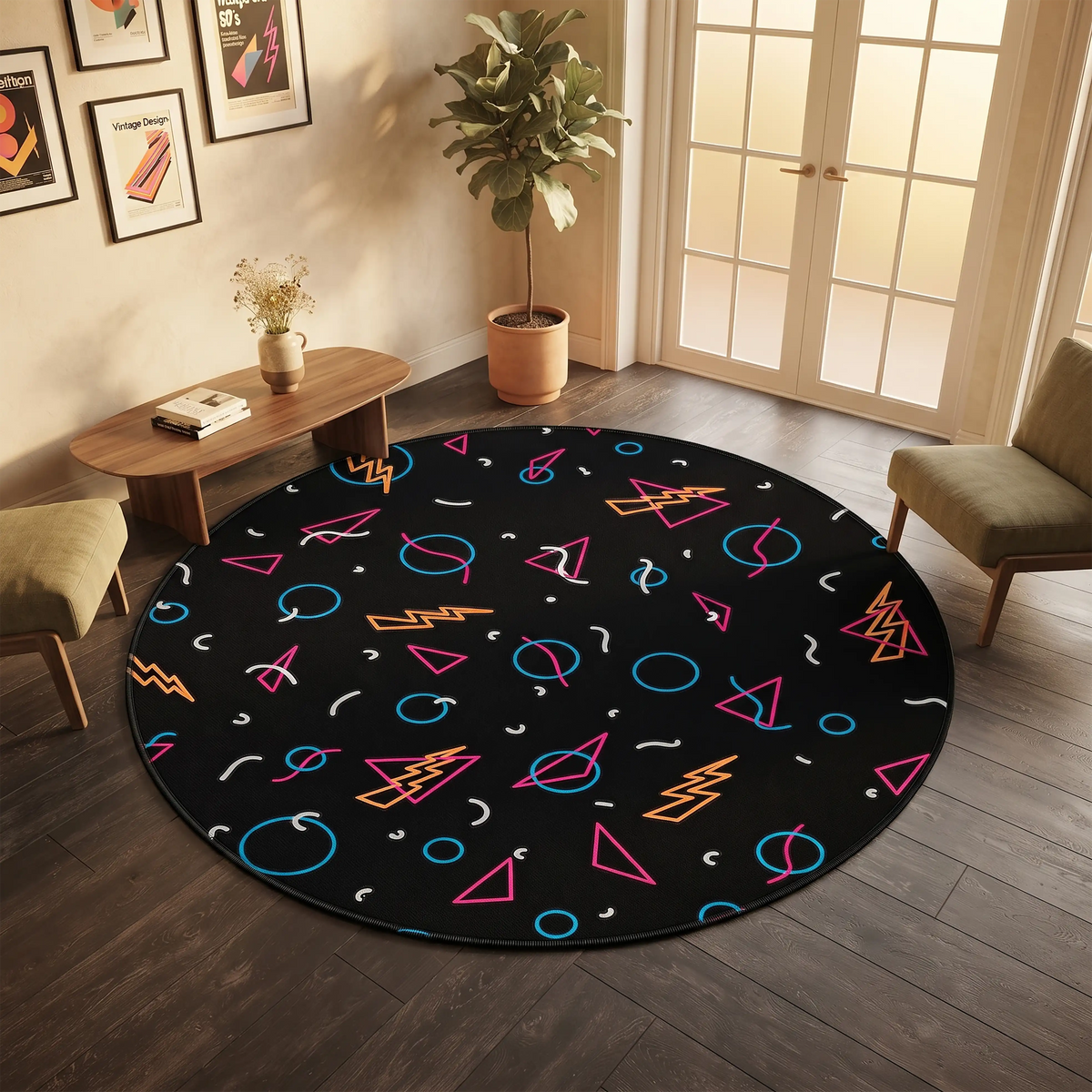 90s Geometric Arcade Round Rug – Memphis Retro Black Design