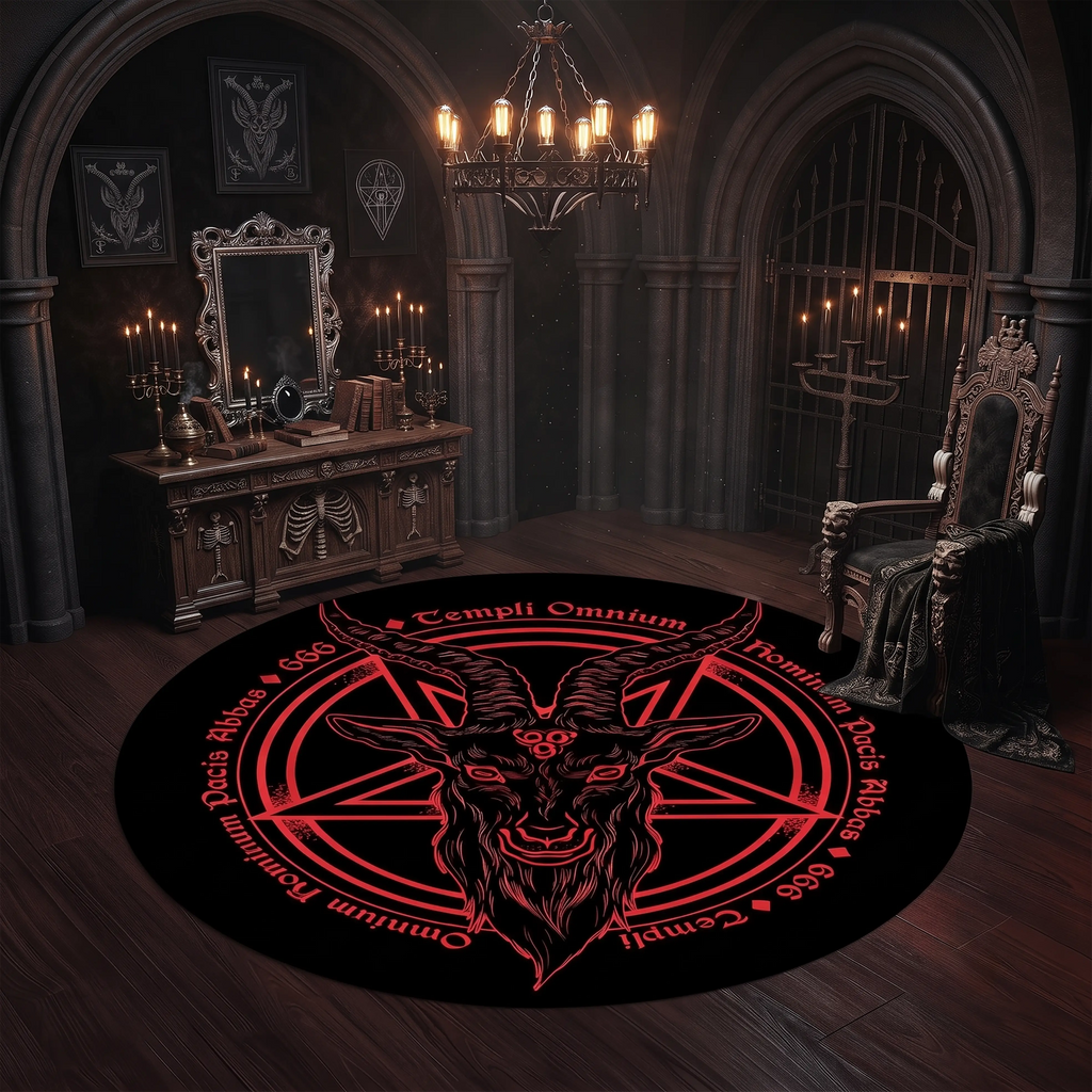 Baphomet Pentagram Round Rug – Gothic Occult Dark Decor