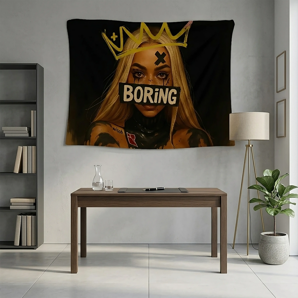 Boring Queen Wall Tapestry – Gothic Punk Crown Portrait | Dark Statement Fabric Wall Hanging