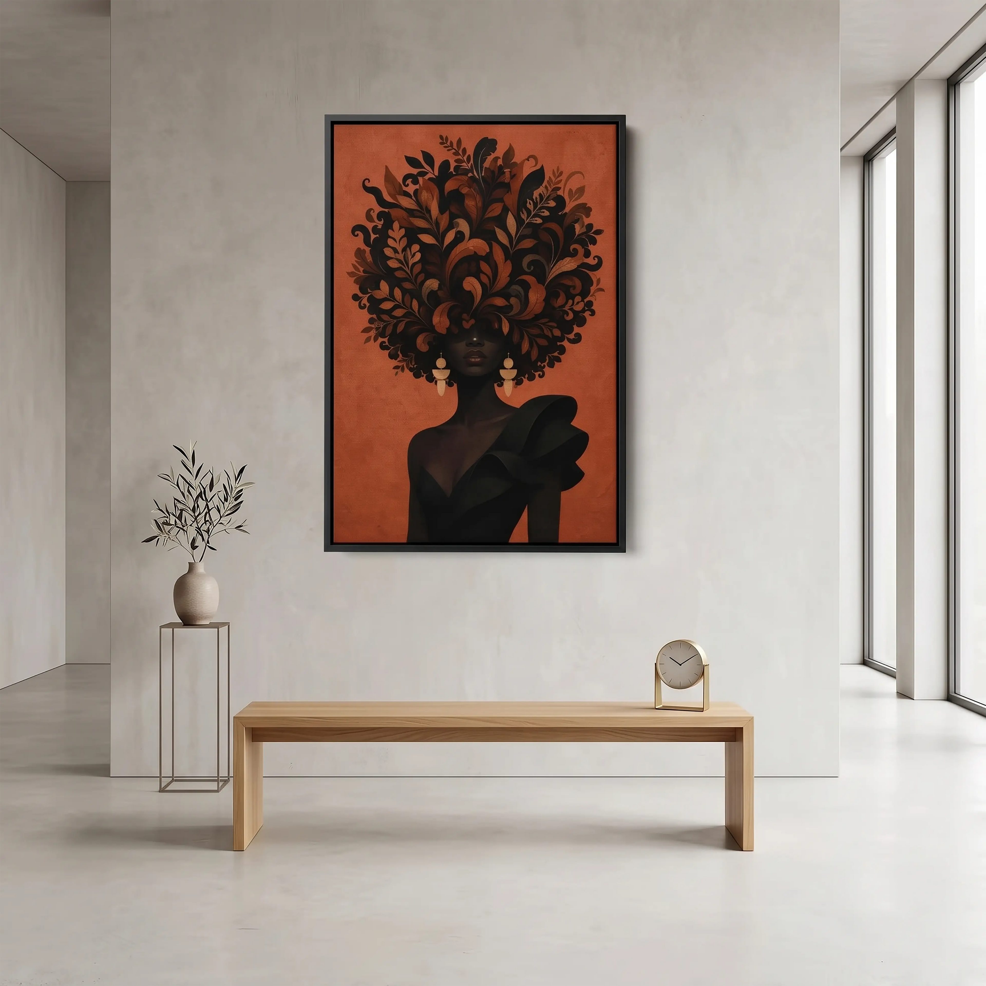 Botanical Woman Wall Art – Afro Floral Silhouette Print | Modern Framed Canvas Art