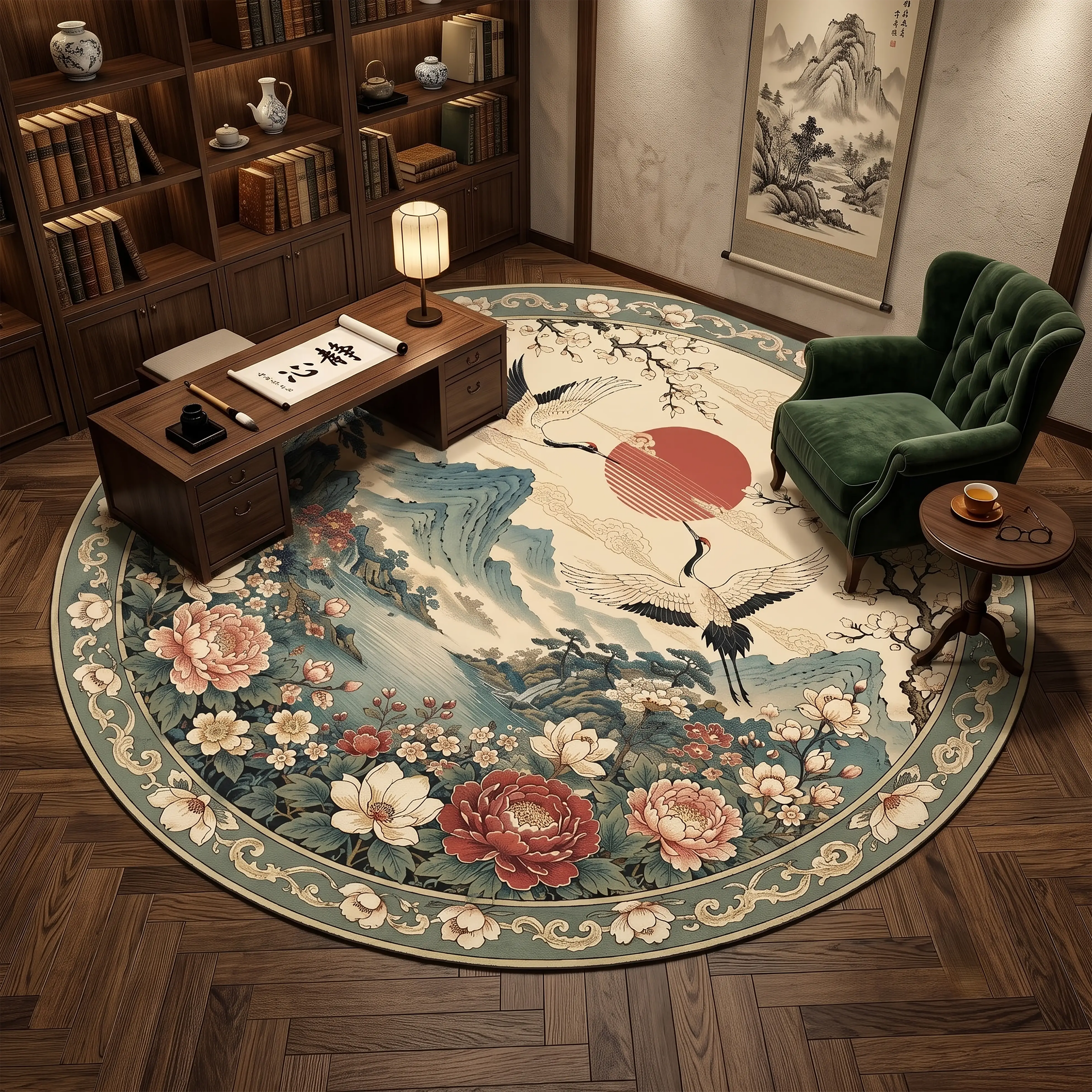 Chinese Crane Floral Round Rug – Traditional Peony & Red Sun Design
