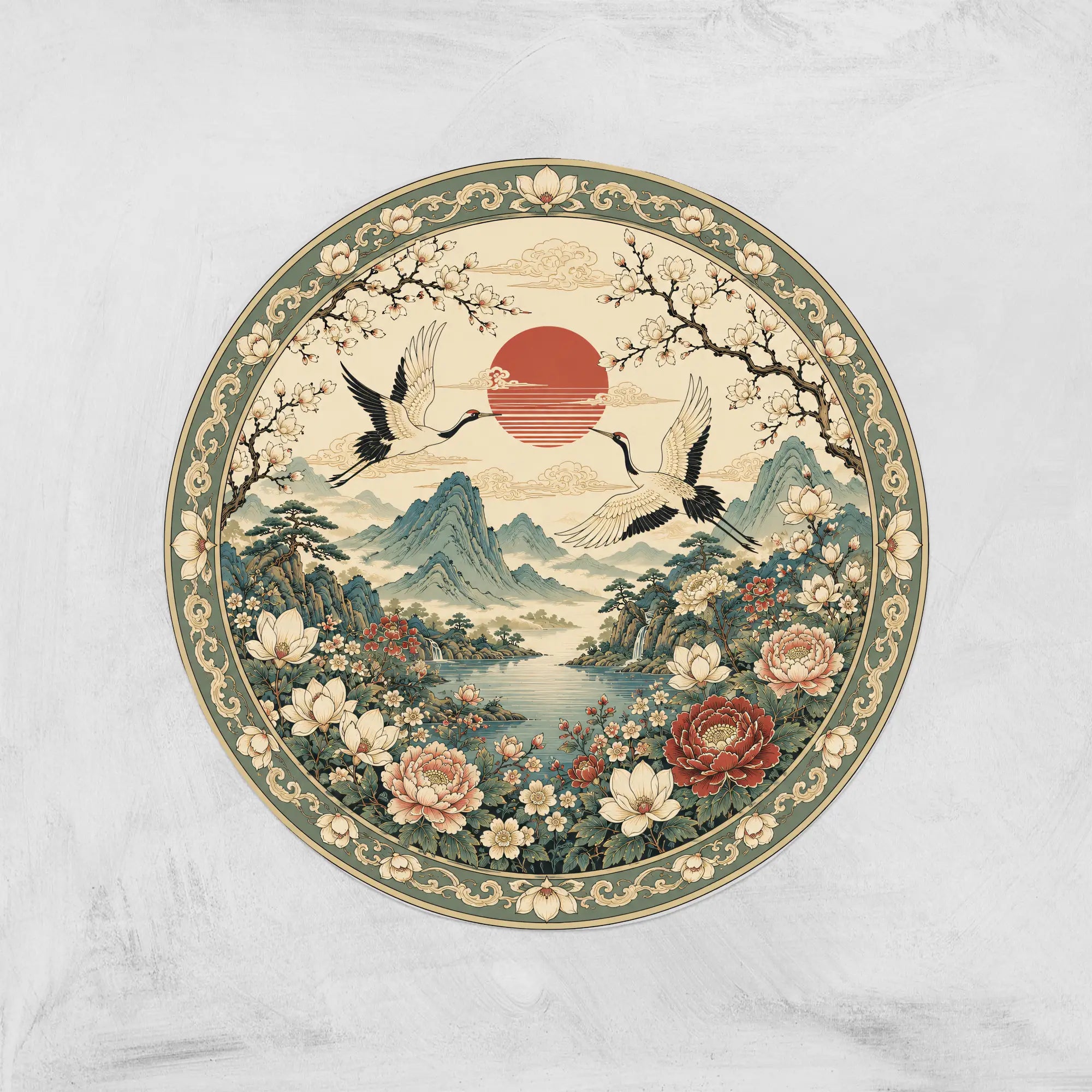 ChineseCraneFloralRoundRug_TraditionalPeony_RedSunDesign