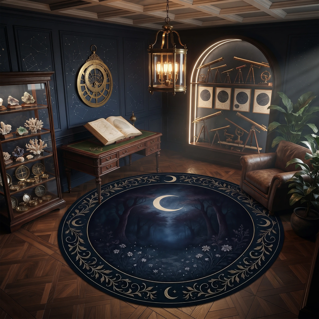Crescent Moon Round Rug – Celestial Night Forest Design