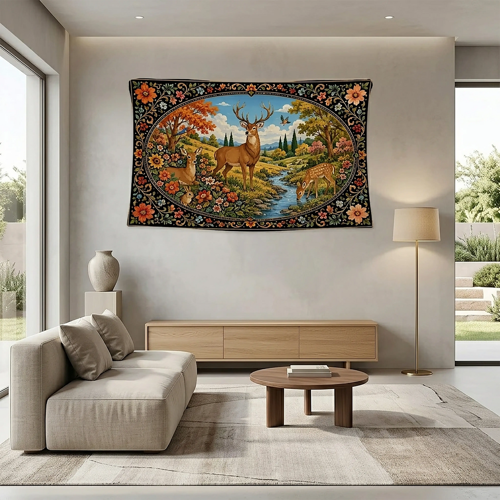 Deer Forest Wall Tapestry – Traditional Floral Wildlife Scene | Fabric Wall Hanging