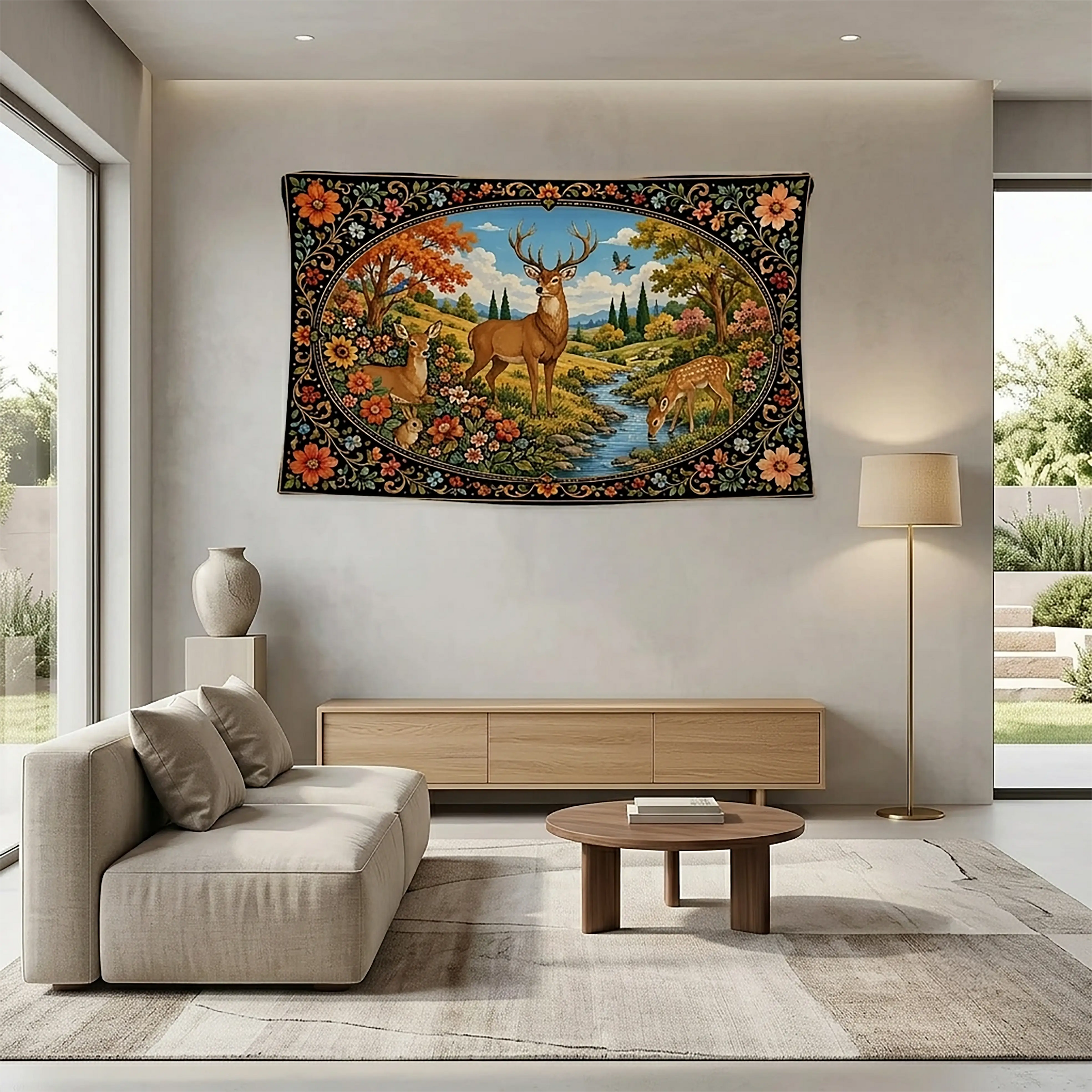 Deer Forest Wall Tapestry – Traditional Floral Wildlife Scene | Fabric Wall Hanging