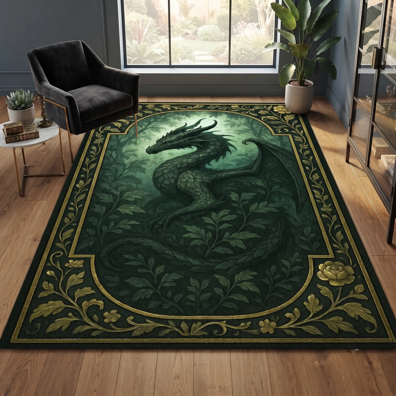 emerald-dragon-area-rug-fantasy-medieval-gold-floral