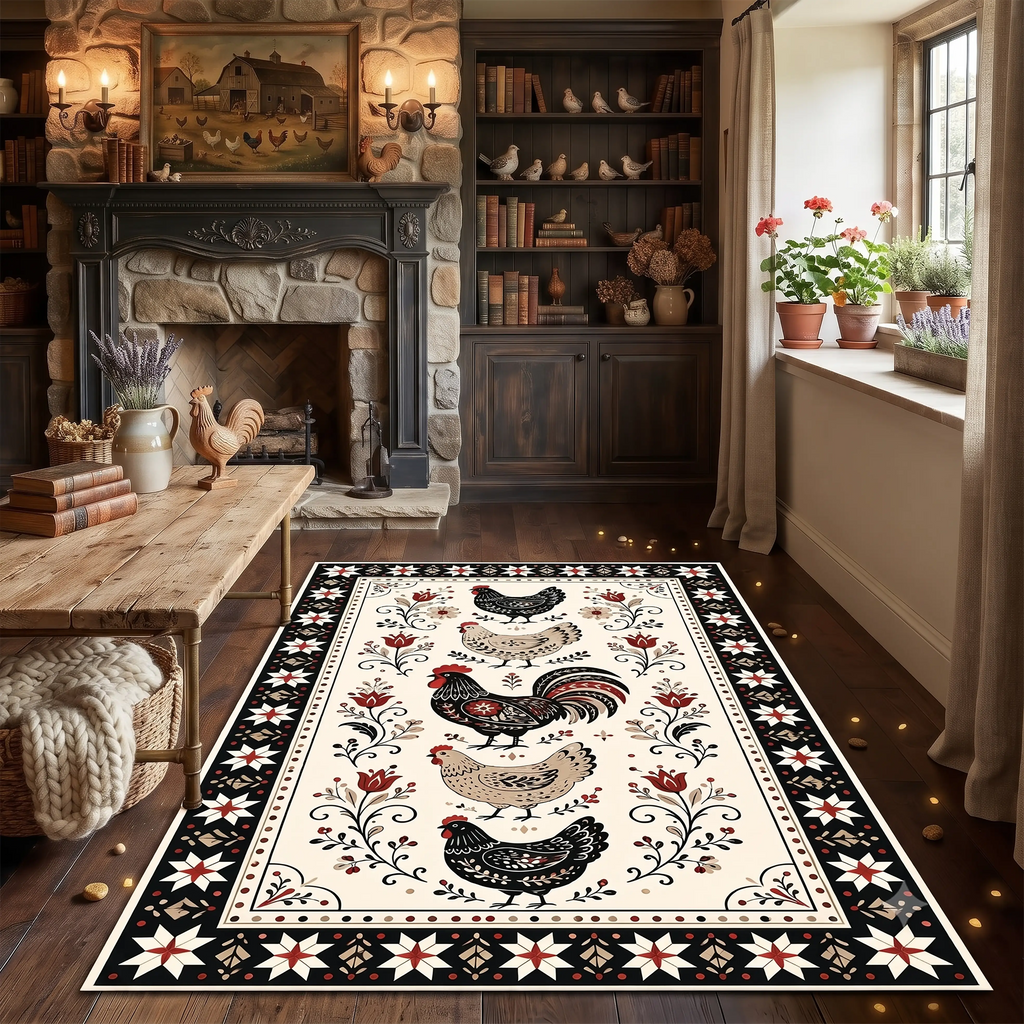  farmhouse-rooster-area-rug-folk-floral-chicken-design