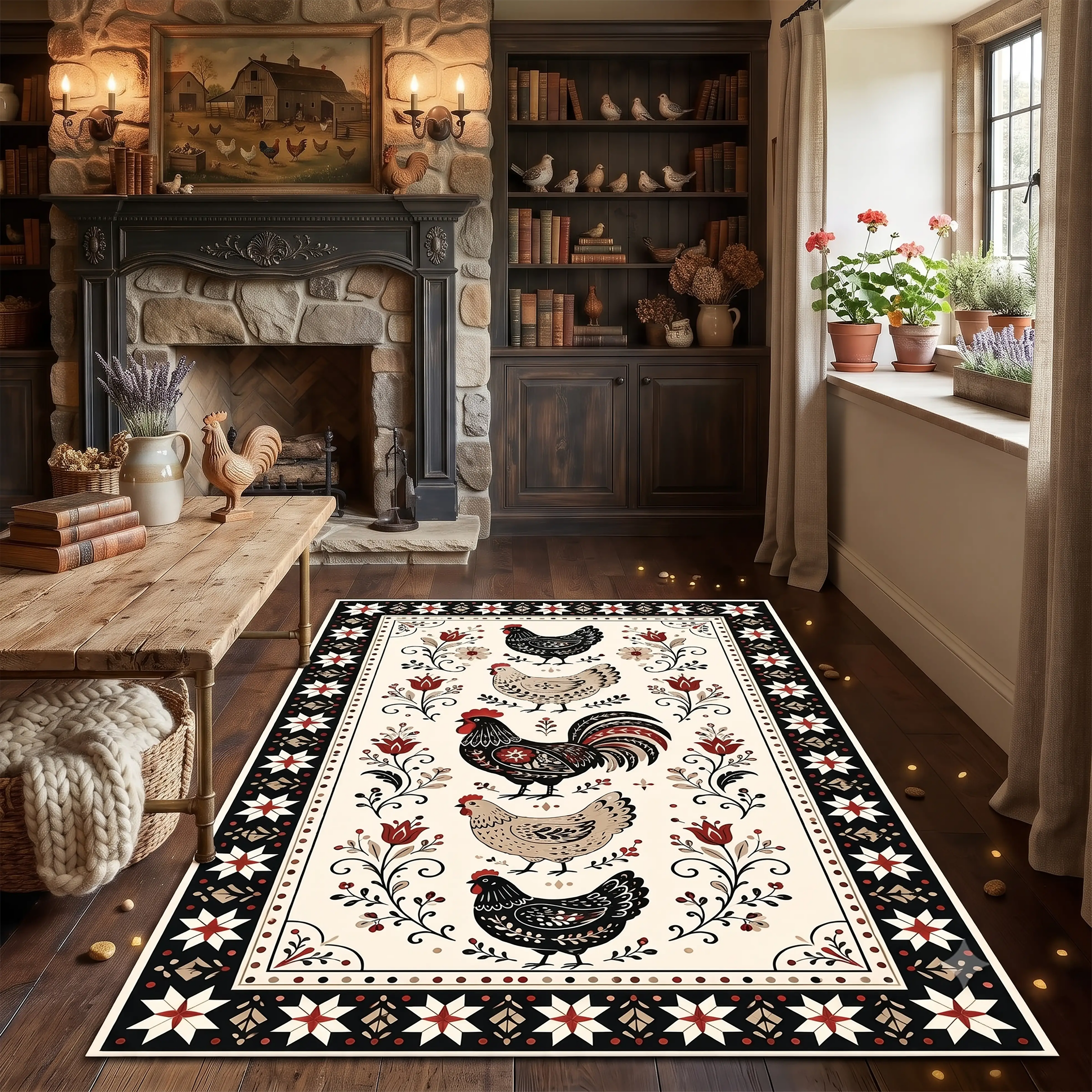  farmhouse-rooster-area-rug-folk-floral-chicken-design