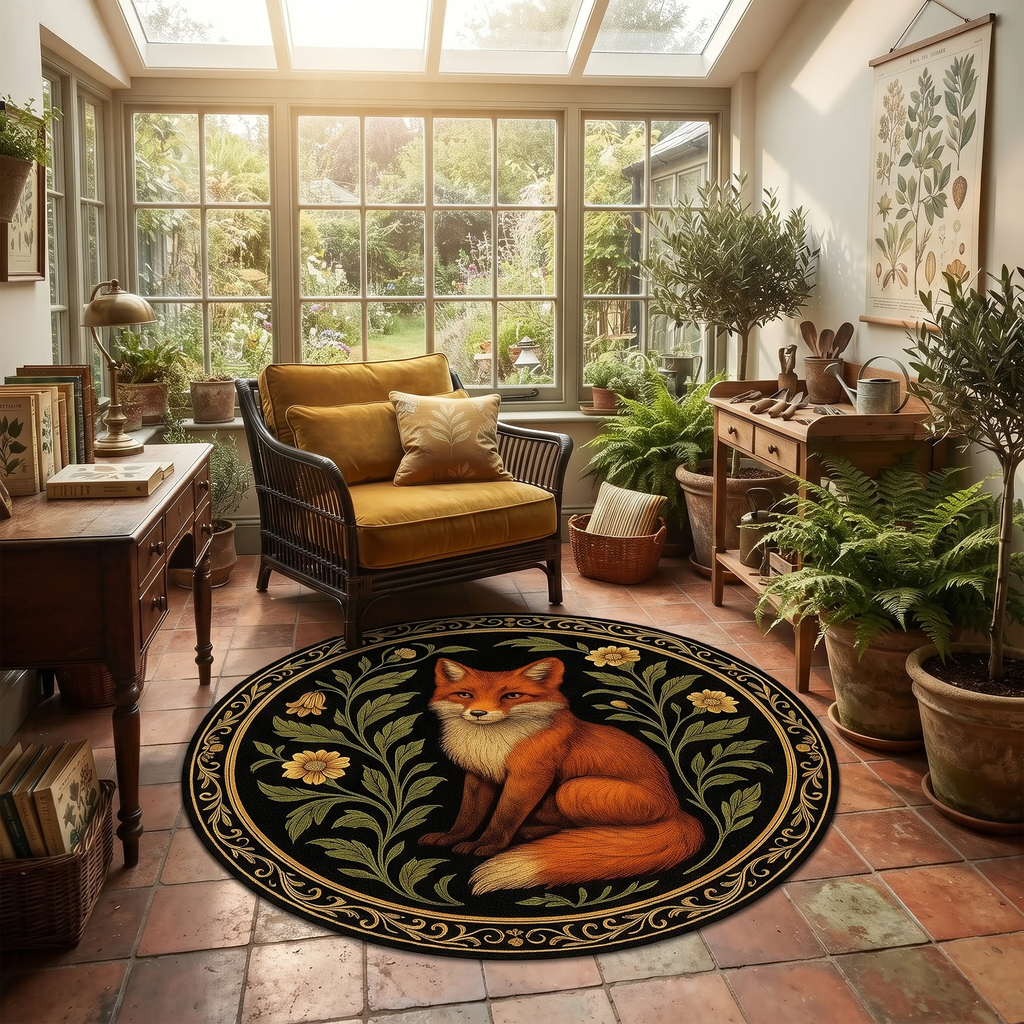 Fox & Botanicals Round Rug – Vintage Wildlife Floral Design