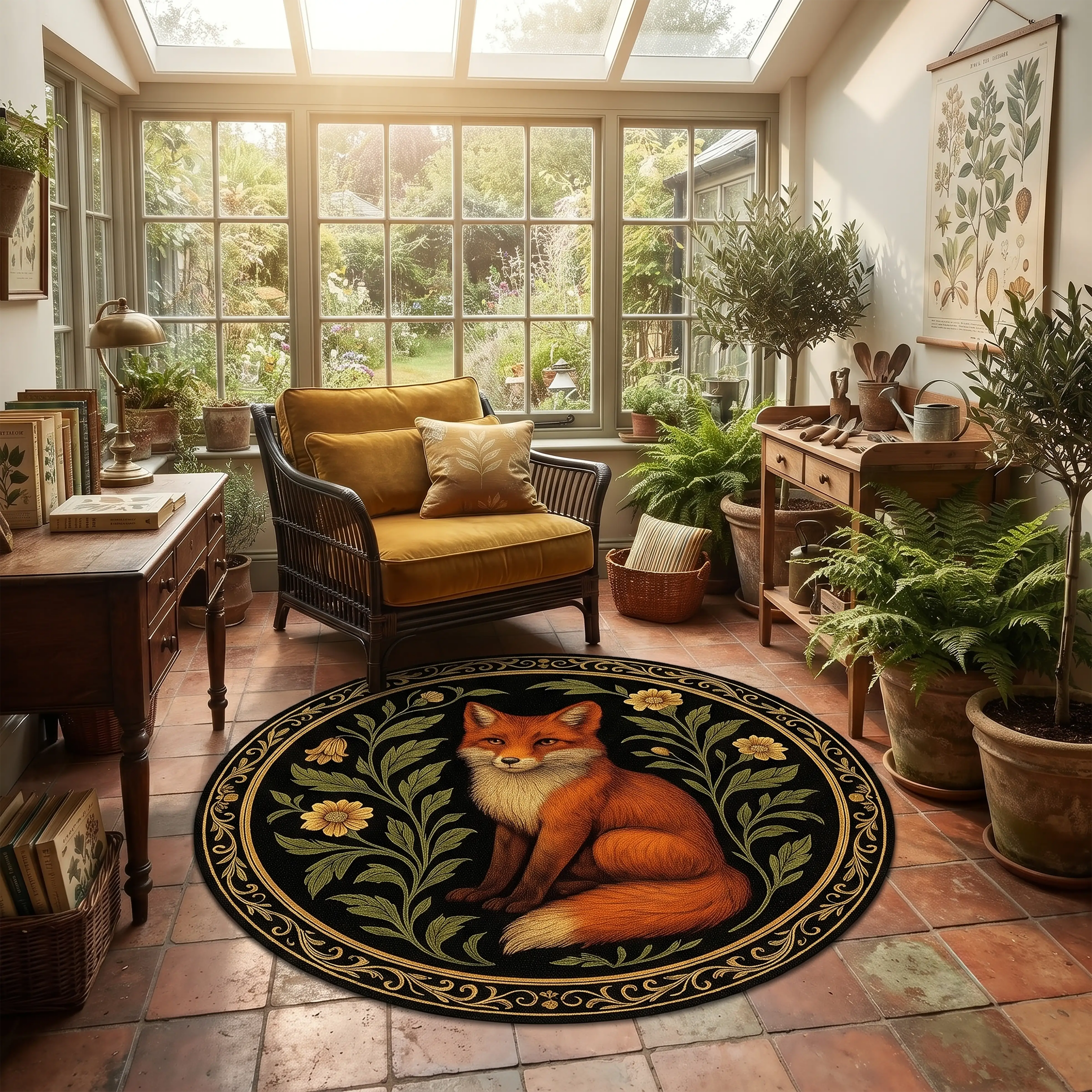 Fox & Botanicals Round Rug – Vintage Wildlife Floral Design