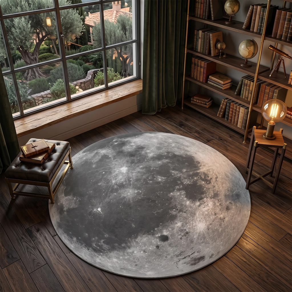 Full Moon Round Rug – Realistic Lunar Surface Design | Space Area Rug