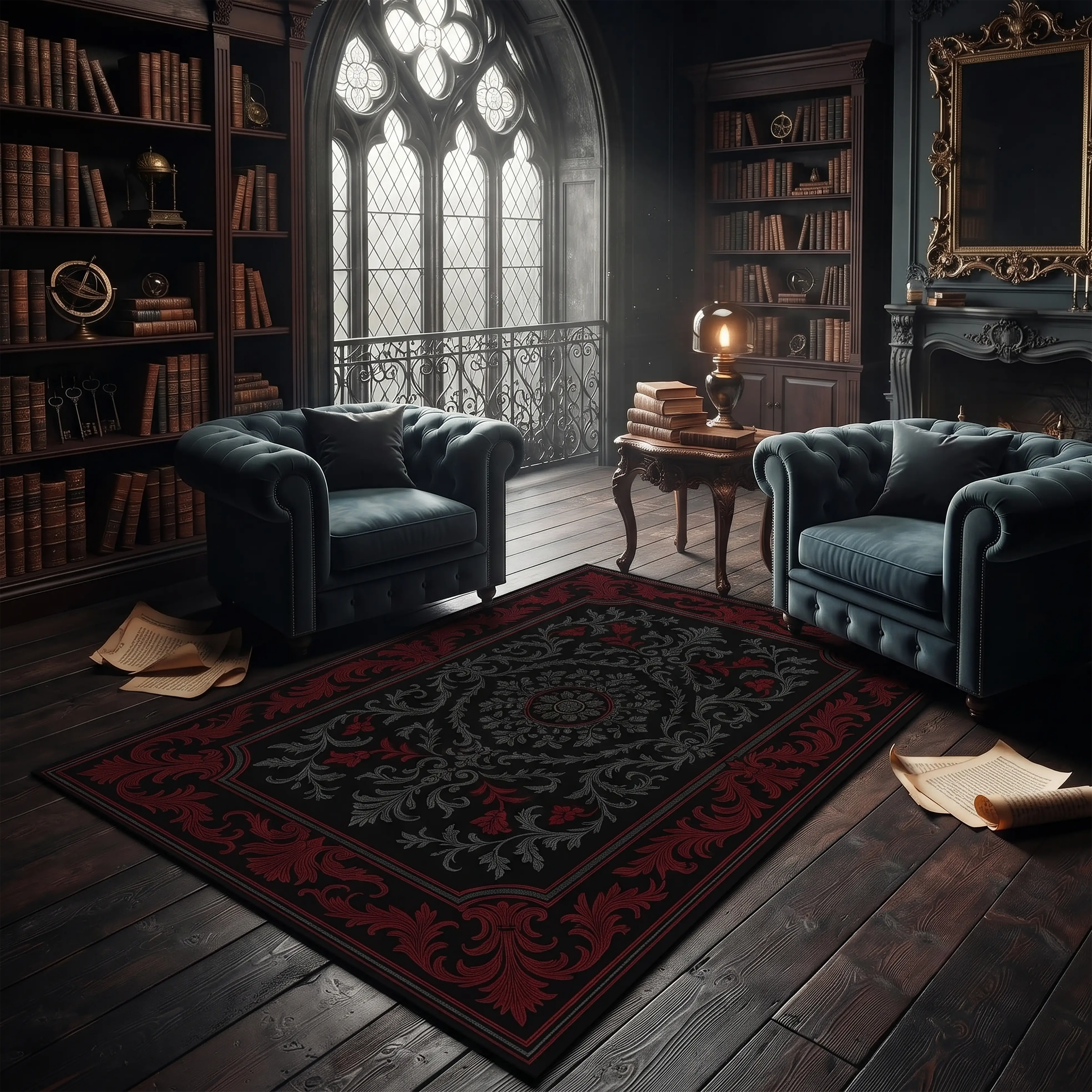 Gothic Damask Area Rug – Dark Baroque Medallion Design