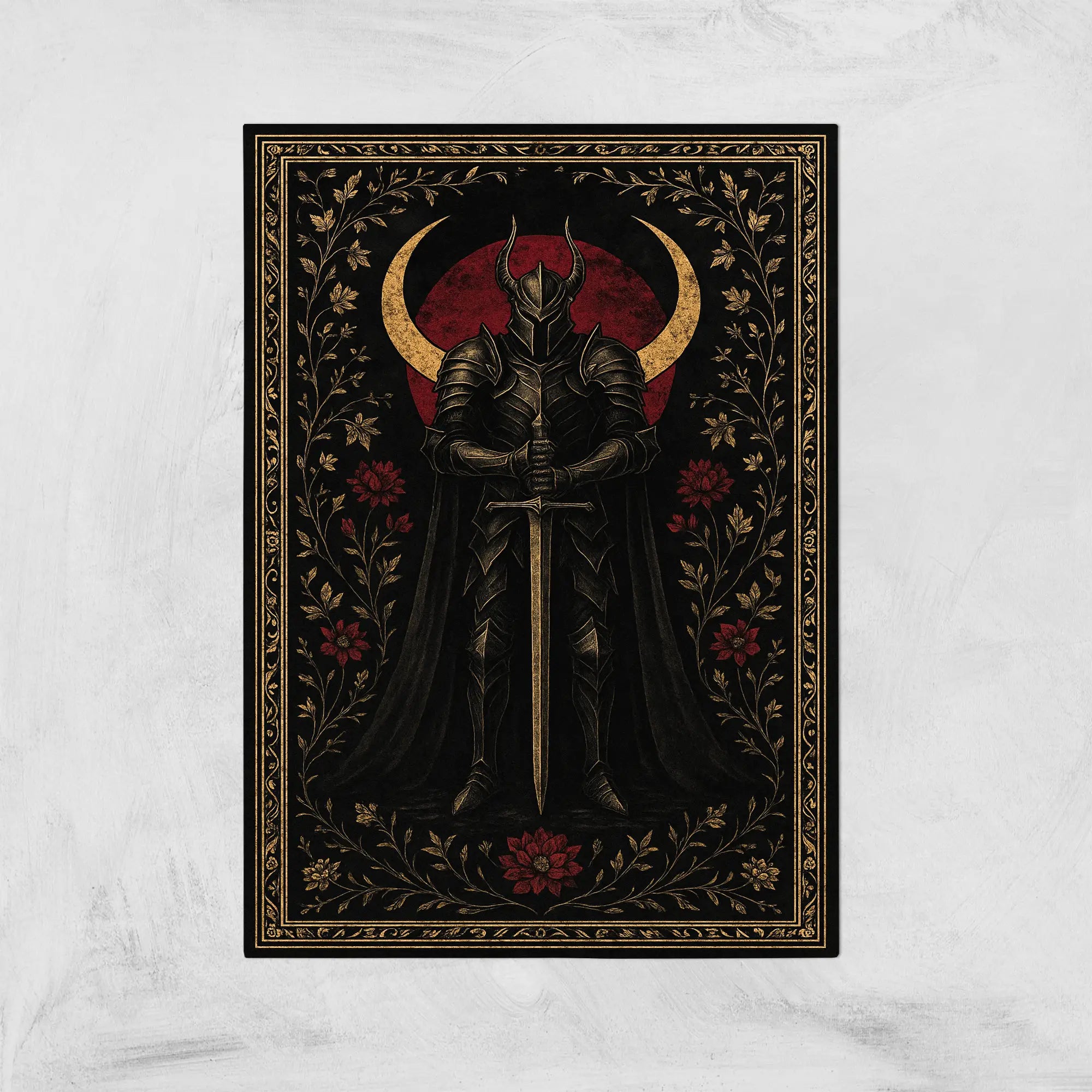 Gothic Warrior Area Rug – Dark Fantasy Sword & Moon Design