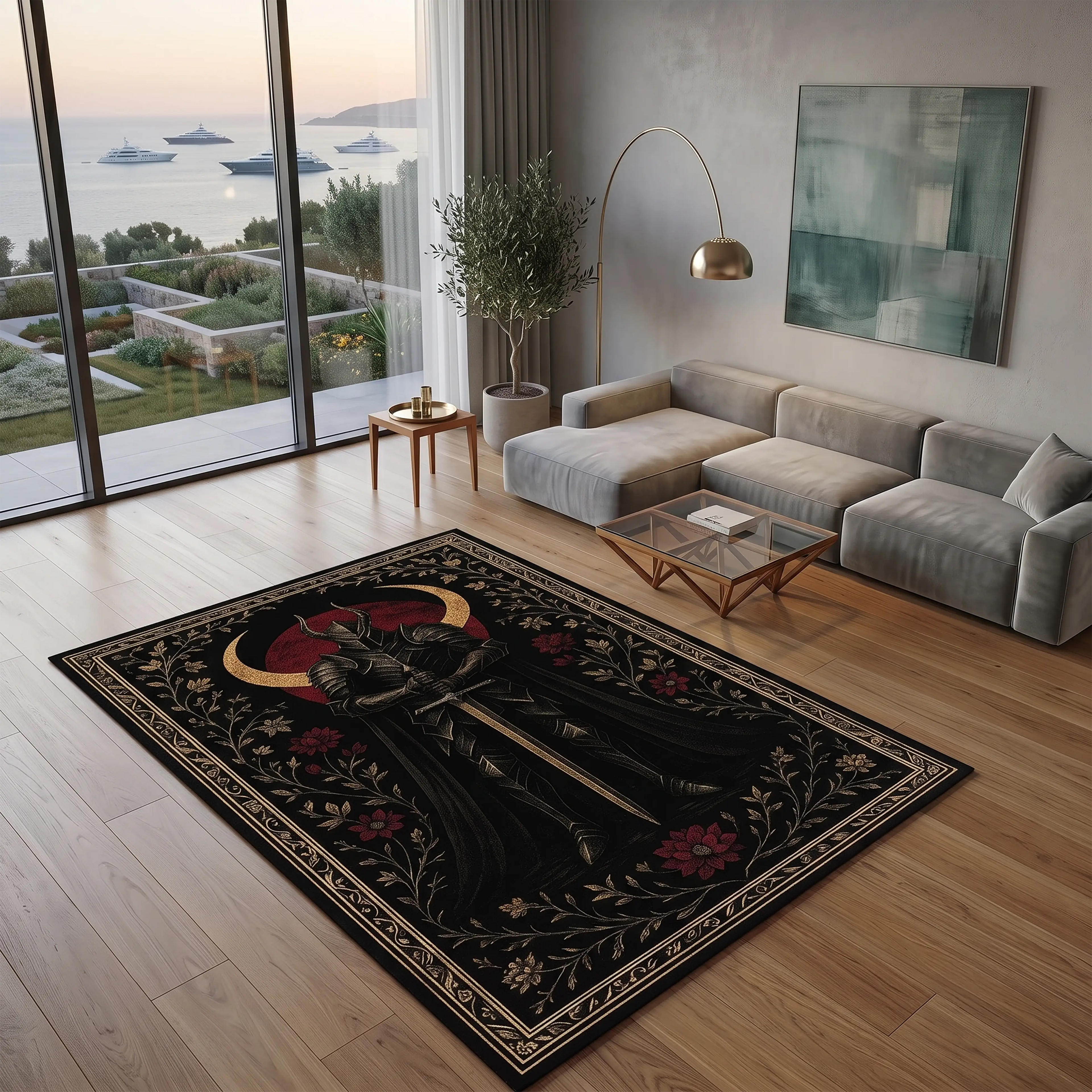 Gothic Warrior Area Rug – Dark Fantasy Sword & Moon Design