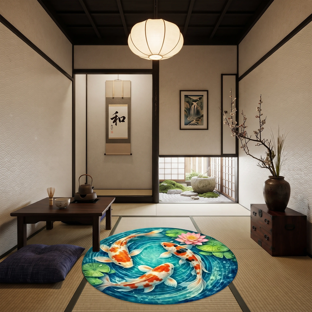 Koi Fish Round Rug – Japanese Pond & Lotus Design
