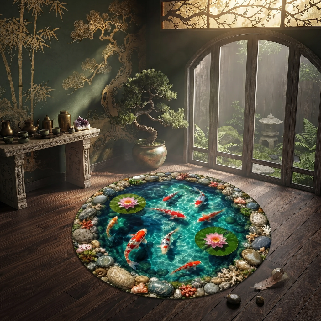 Koi Pond Round Rug – 3D Illusion Japanese Garden Design