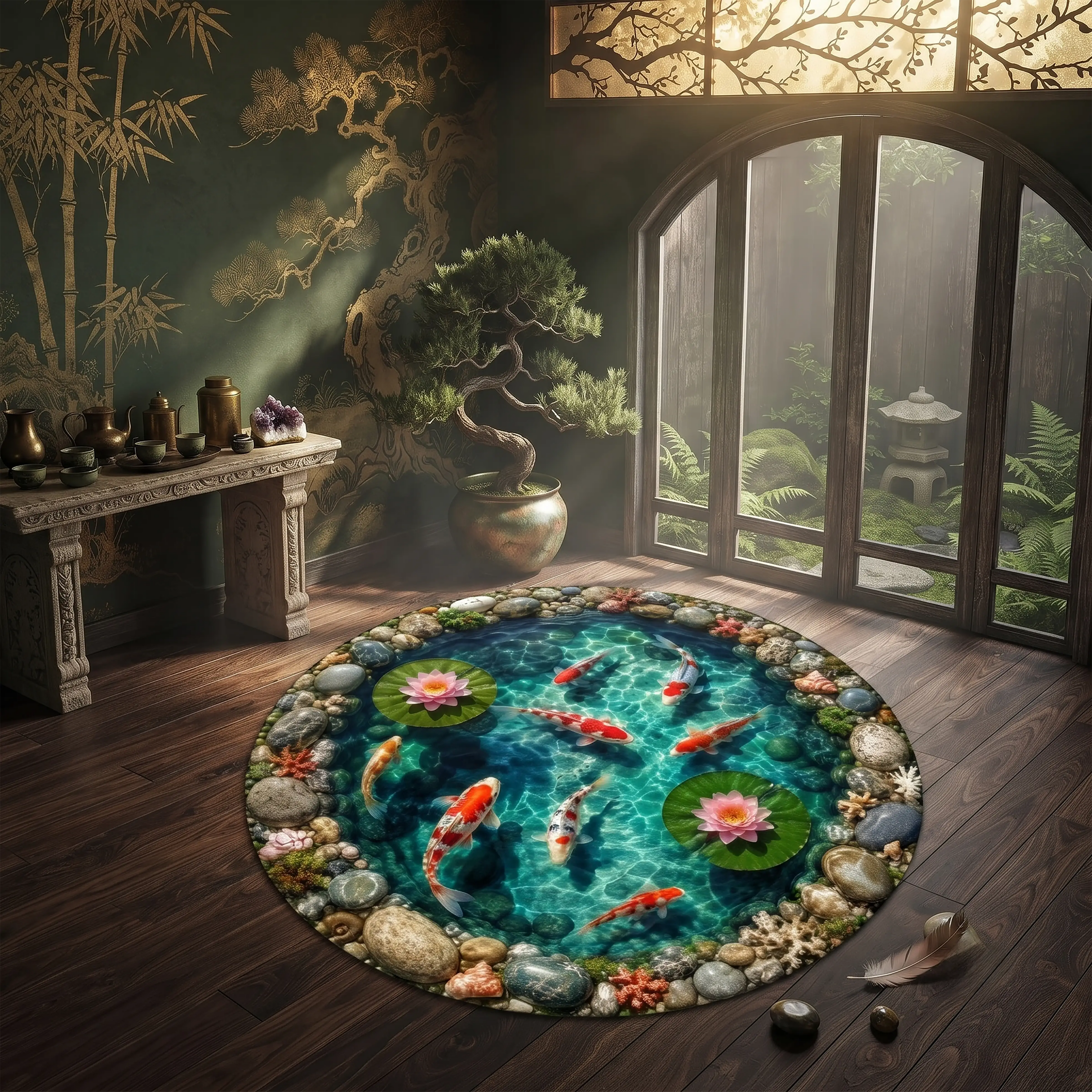 Koi Pond Round Rug – 3D Illusion Japanese Garden Design