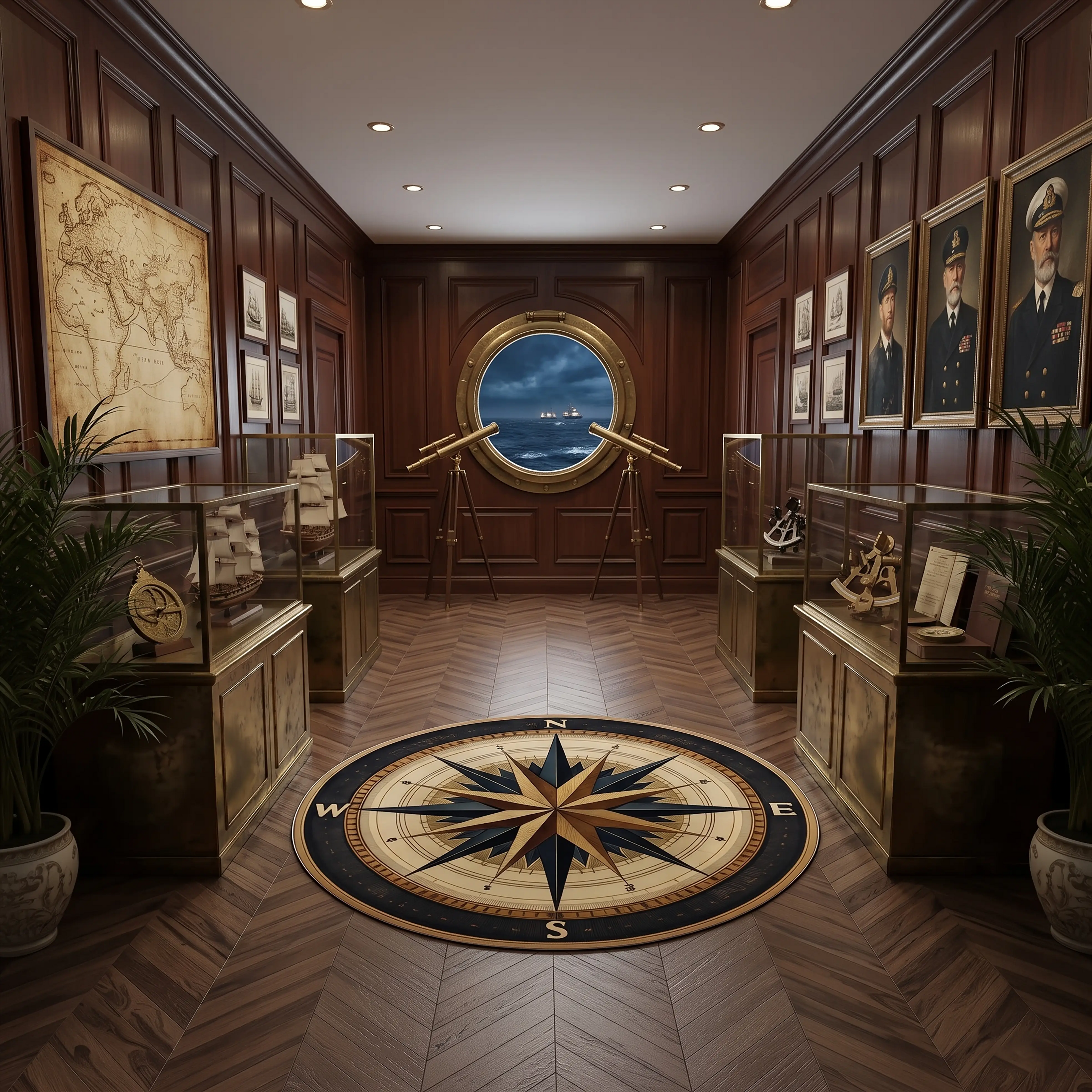 Nautical Compass Round Rug – Navy & Gold Wind Rose Design | Maritime Rug