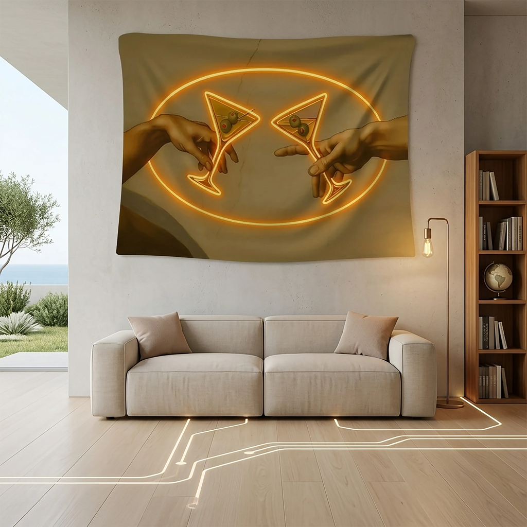 Neon Cheers Wall Tapestry – Renaissance Hands Martini Toast Design | Fabric Wall Hanging