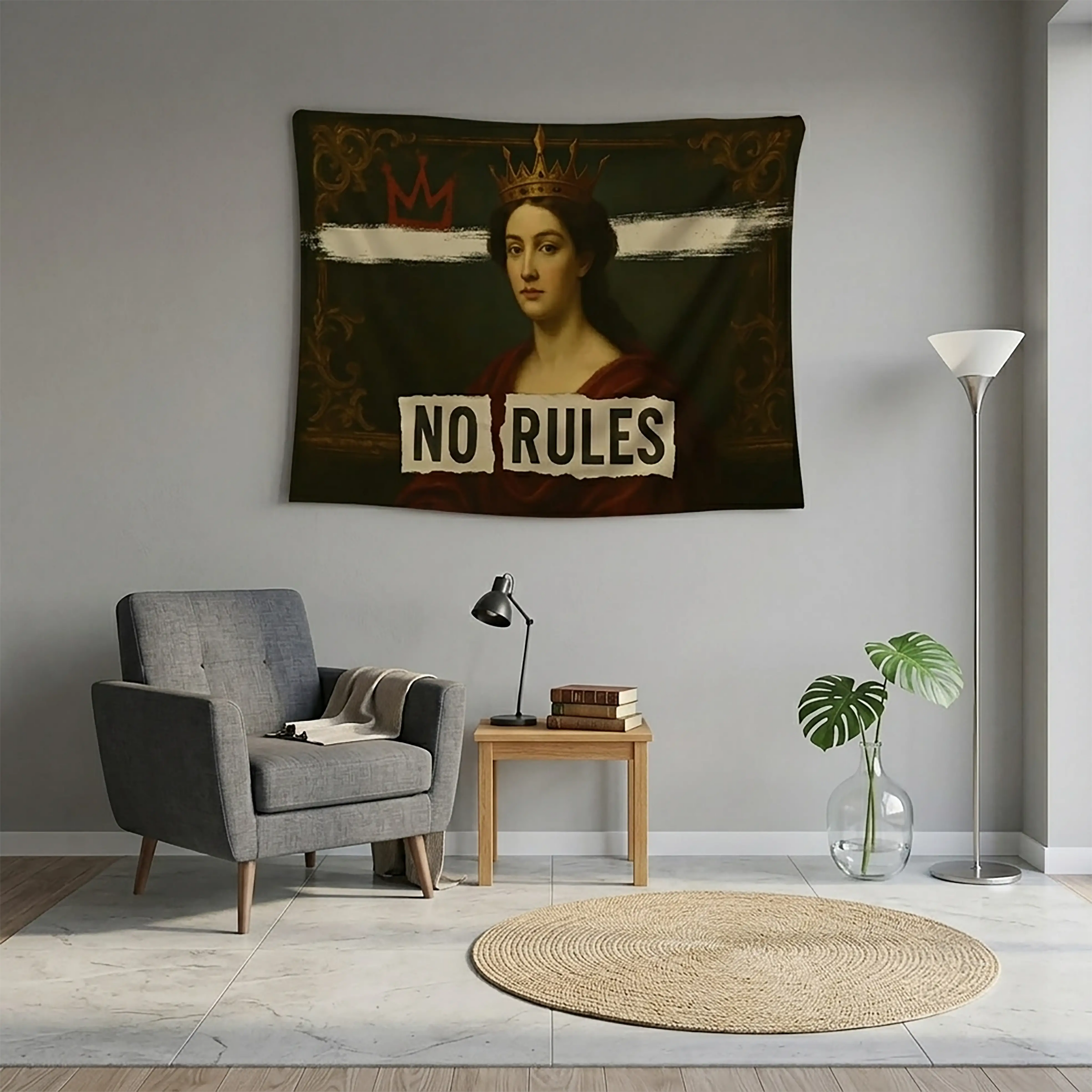 No Rules Queen Wall Tapestry – Gothic Renaissance Portrait | Bold Statement Fabric Wall Hanging