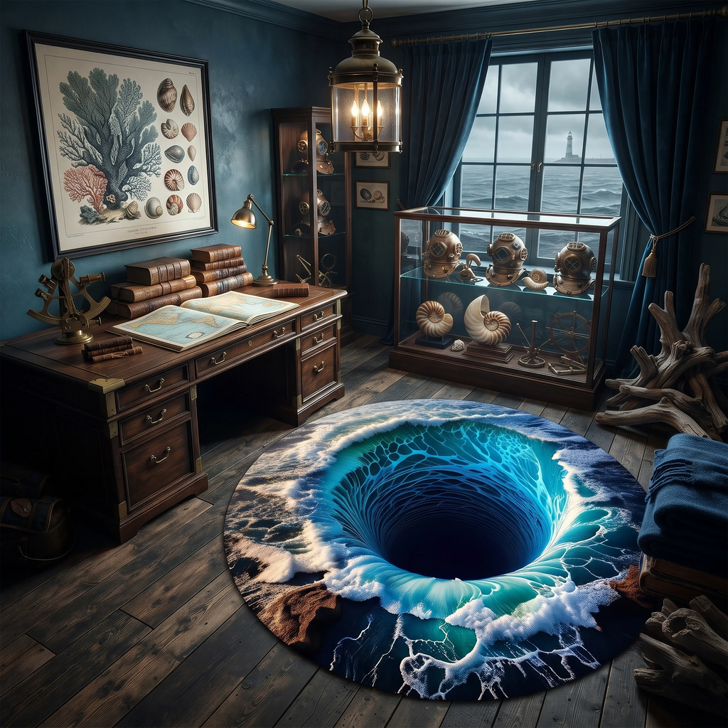 Ocean Vortex Round Rug – 3D Illusion Deep Sea Whirlpool Design