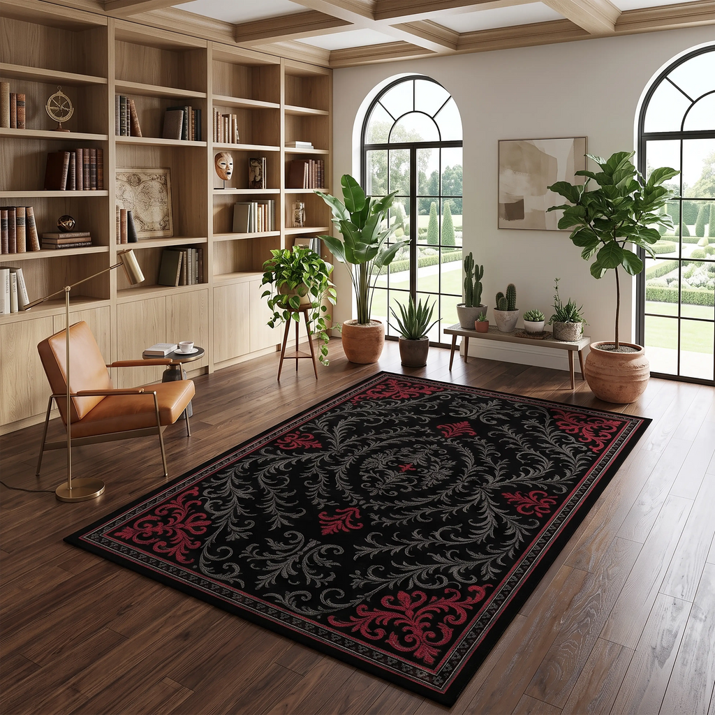 Ottoman Floral Area Rug – Black & Red Classic Medallion Design