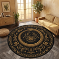Ouroboros Snake Round Rug – Black Gold Gothic Floral Design