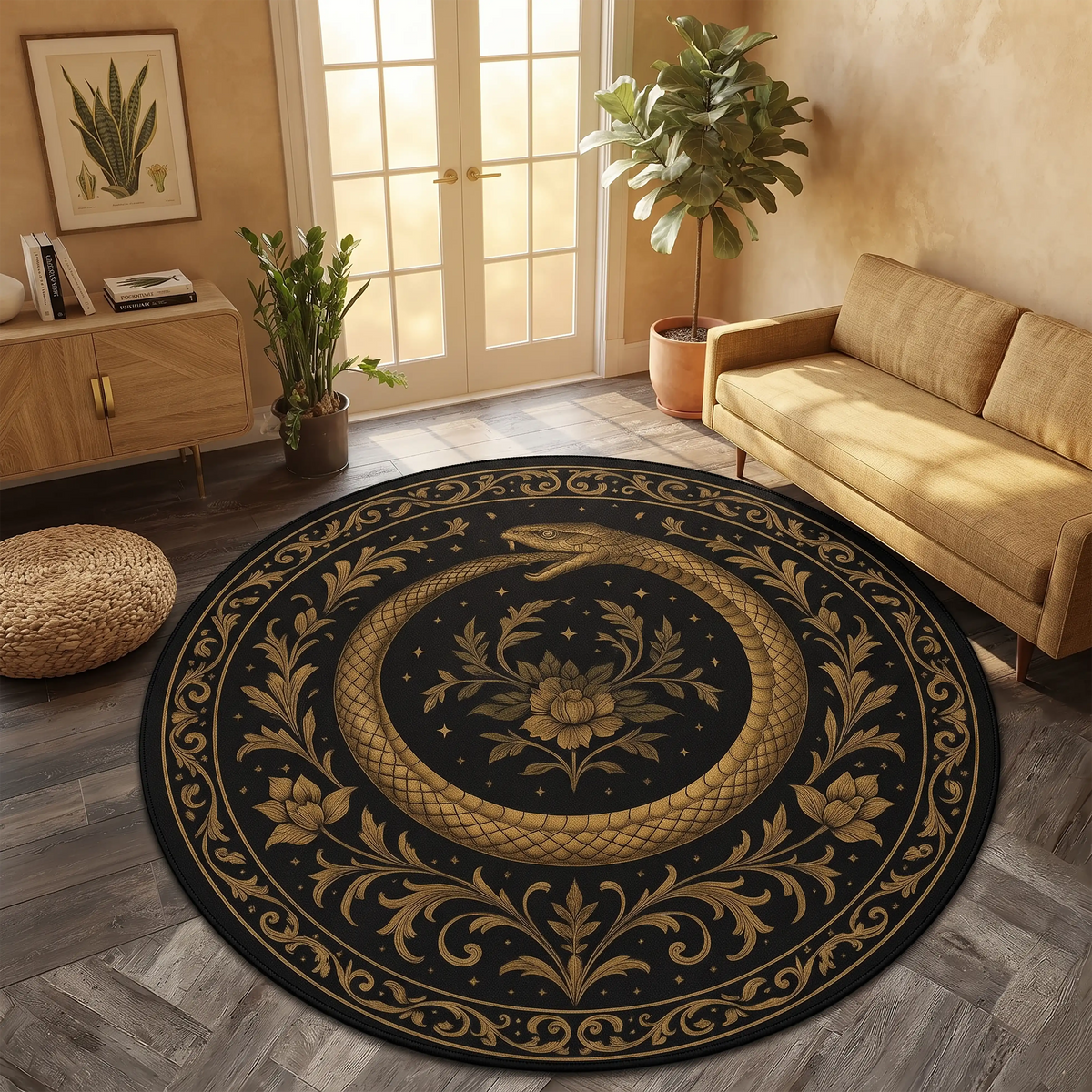 Ouroboros Snake Round Rug – Black Gold Gothic Floral Design