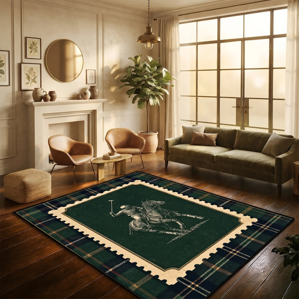 polo-equestrian-area-rug-tartan-green-preppy-living-room
