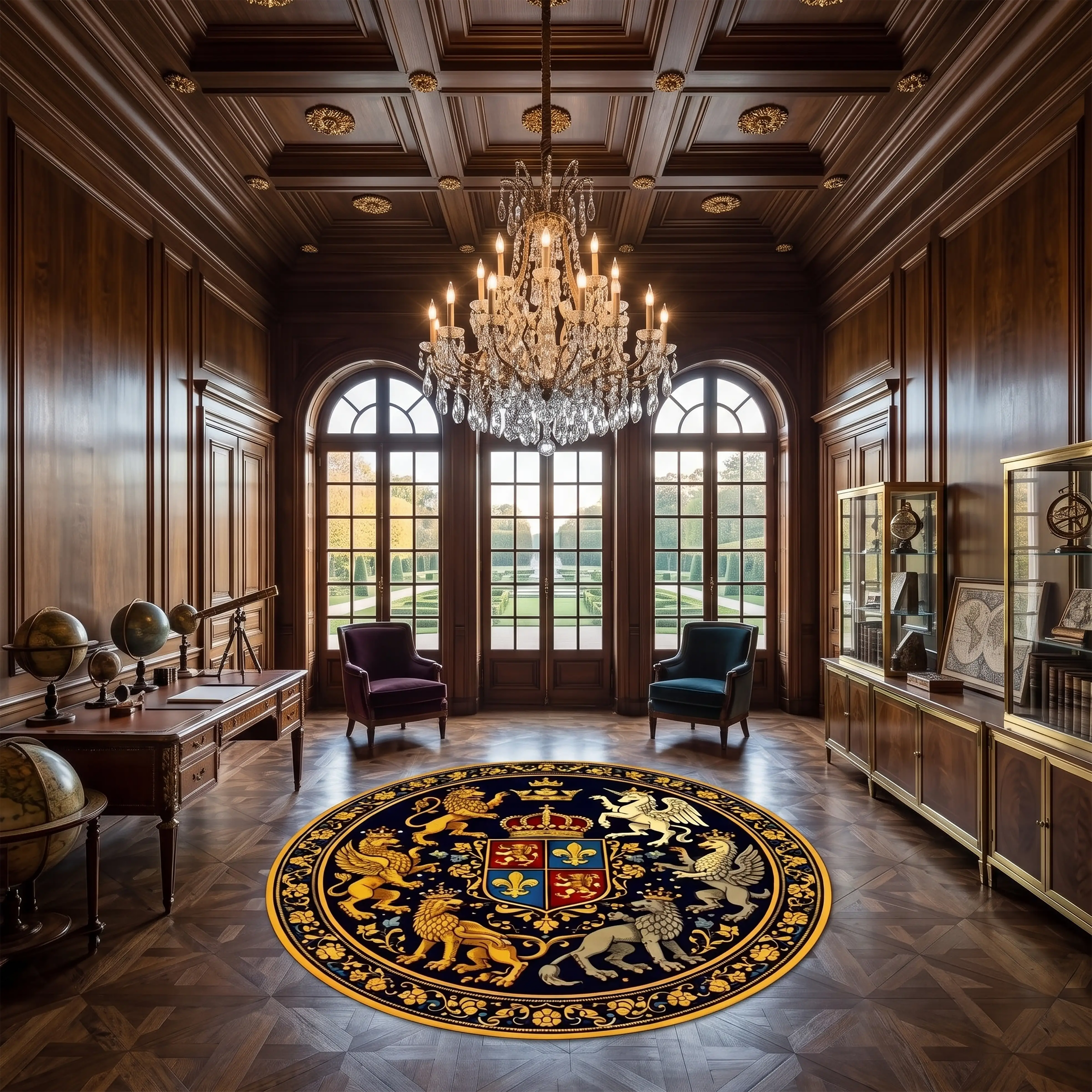 Royal Heraldic Crest Round Rug – Lion & Pegasus Coat of Arms Design | Luxury Rug