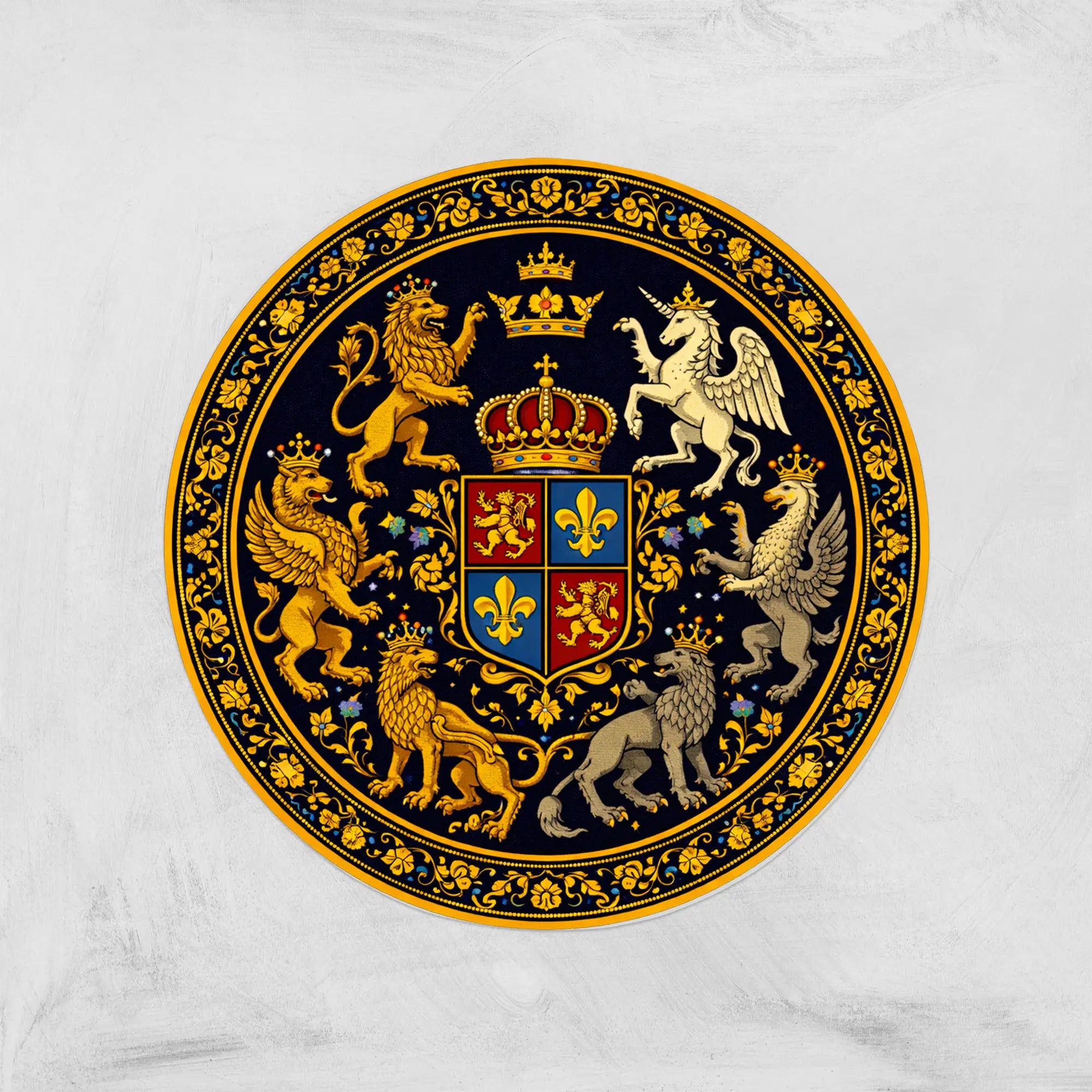 RoyalHeraldicCrestRoundRug_Lion_PegasusCoatofArmsDesign_LuxuryRug